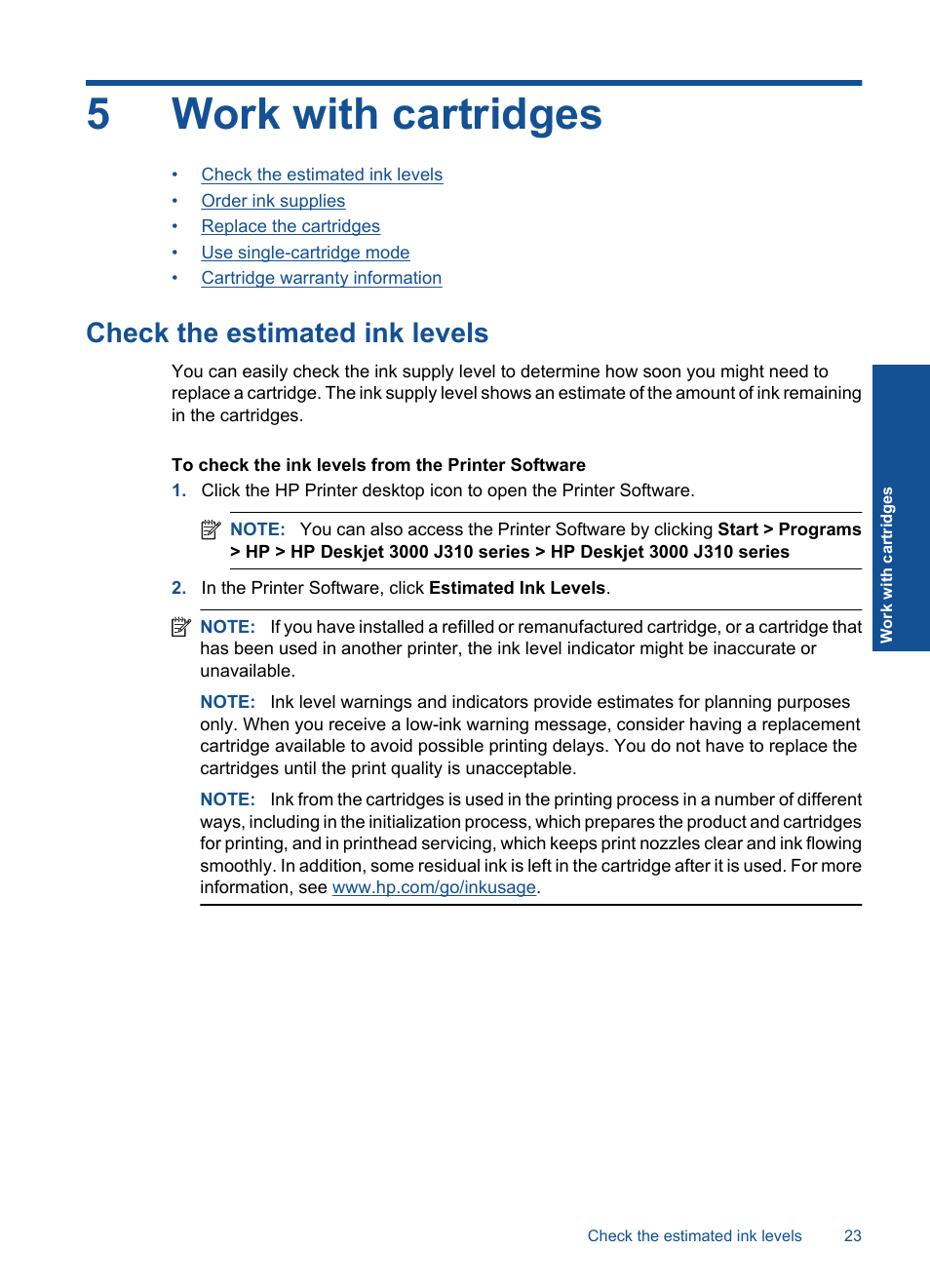 Work with cartridges, Check the estimated ink levels, 5 work with cartridges | 5work with cartridges | HP Deskjet 3000 Printer - J310a User Manual | Page 25 / 58