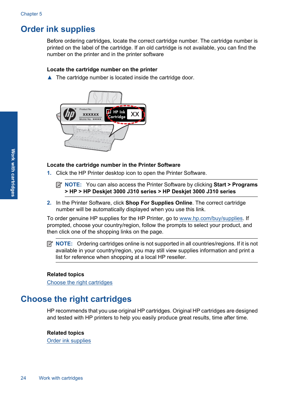 Order ink supplies, Choose the right cartridges | HP Deskjet 3000 Printer - J310a User Manual | Page 26 / 58