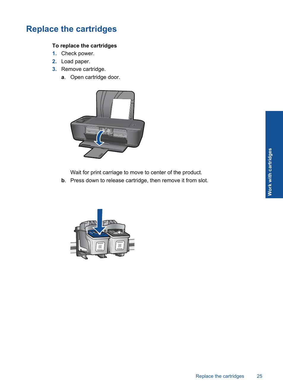 Replace the cartridges | HP Deskjet 3000 Printer - J310a User Manual | Page 27 / 58