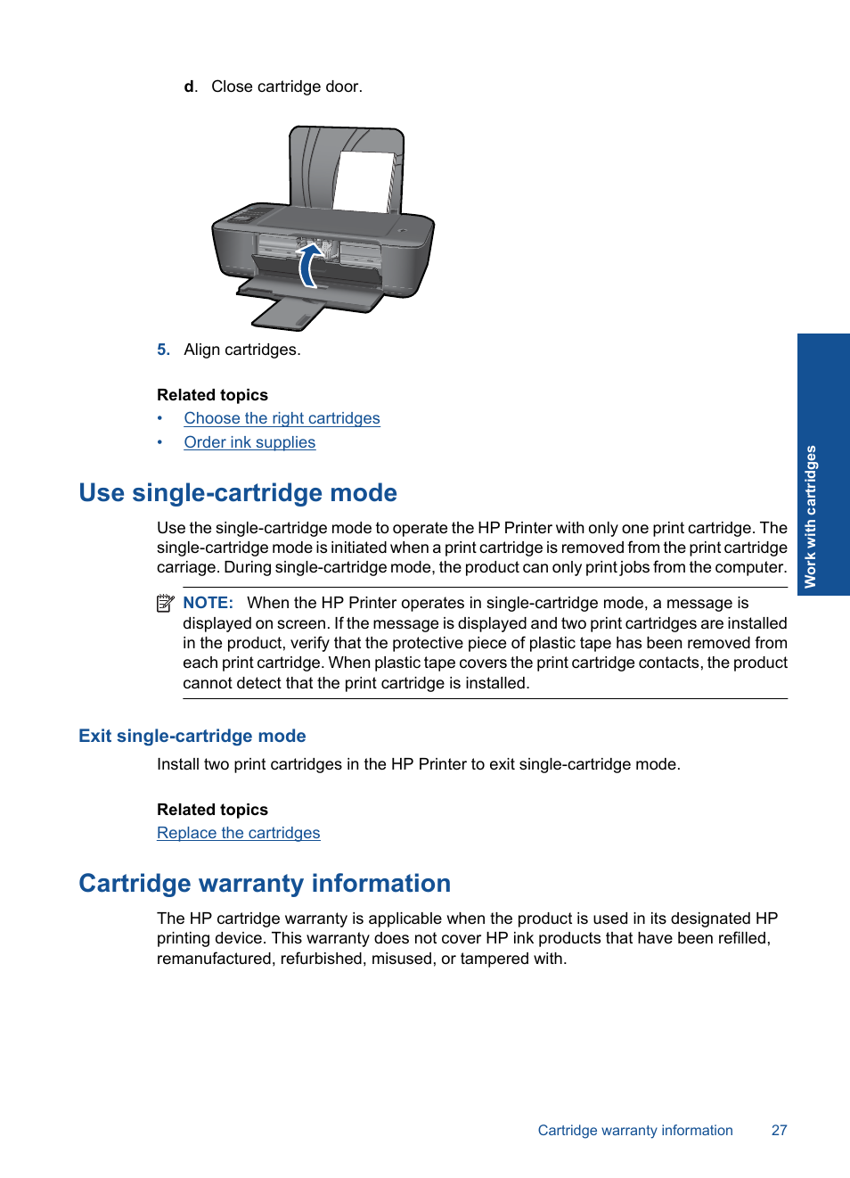 Use single-cartridge mode, Exit single-cartridge mode, Cartridge warranty information | HP Deskjet 3000 Printer - J310a User Manual | Page 29 / 58