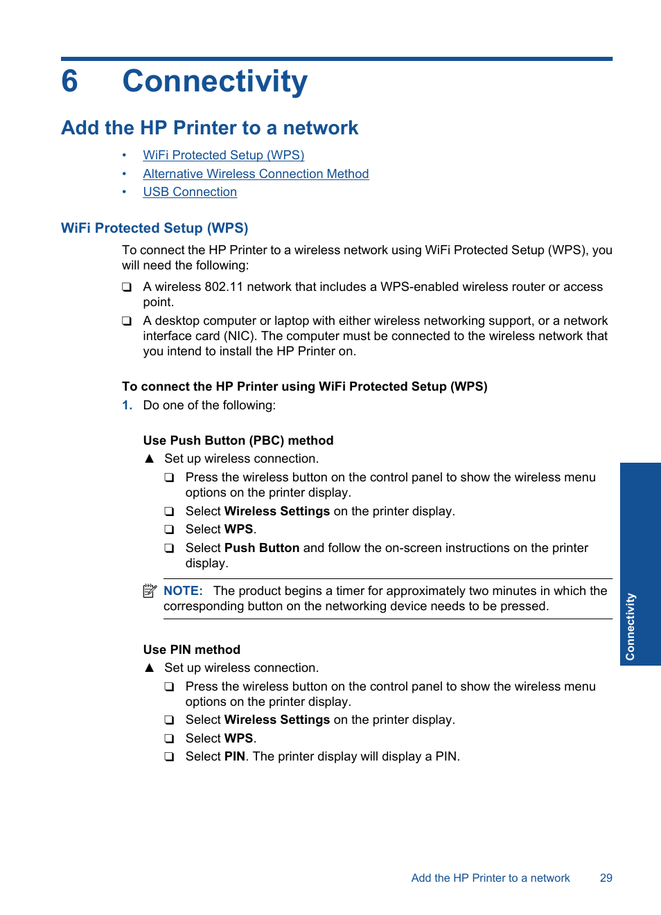 Connectivity, Add the hp printer to a network, Wifi protected setup (wps) | 6 connectivity, 6connectivity | HP Deskjet 3000 Printer - J310a User Manual | Page 31 / 58