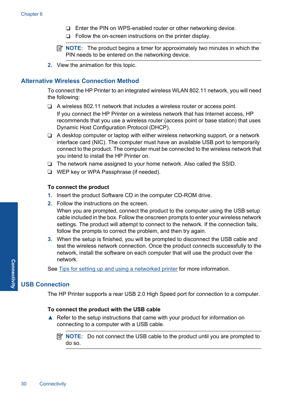 Alternative wireless connection method, Usb connection | HP Deskjet 3000 Printer - J310a User Manual | Page 32 / 58