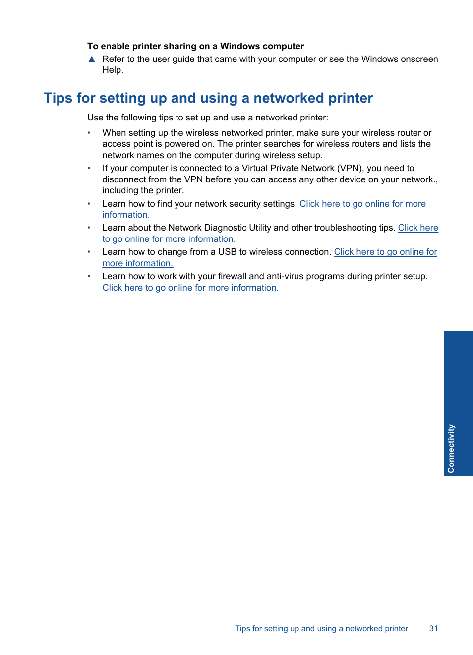 Tips for setting up and using a networked printer | HP Deskjet 3000 Printer - J310a User Manual | Page 33 / 58