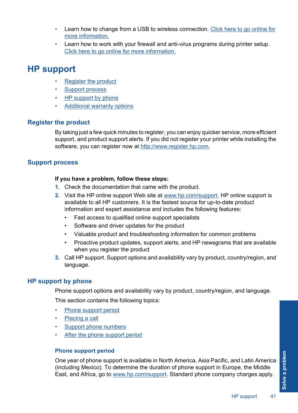 Hp support, Register the product, Support process | Hp support by phone, Phone support period | HP Deskjet 3000 Printer - J310a User Manual | Page 43 / 58