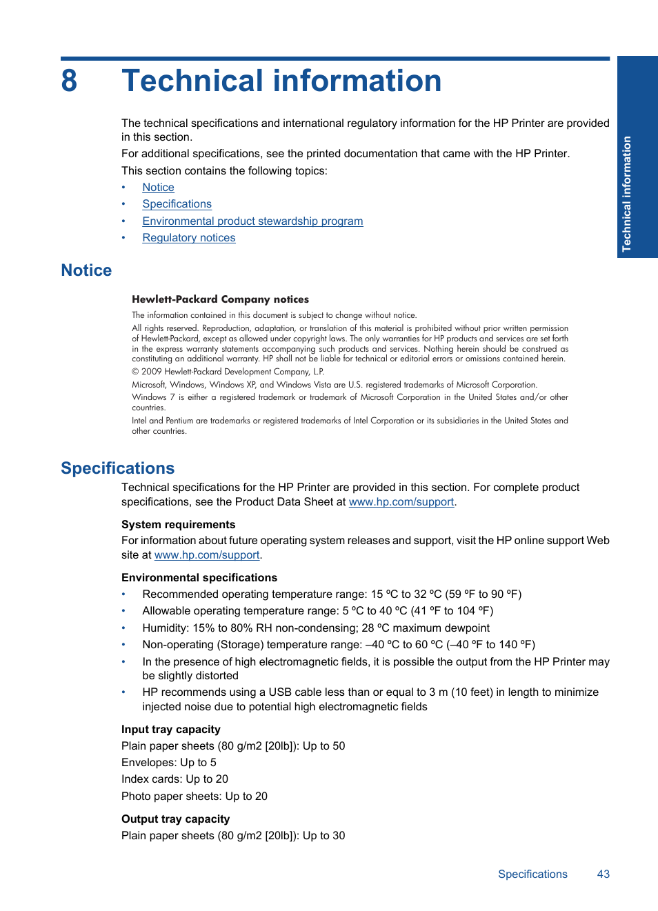 Technical information, Notice, Specifications | 8 technical information, Notice specifications, 8technical information | HP Deskjet 3000 Printer - J310a User Manual | Page 45 / 58