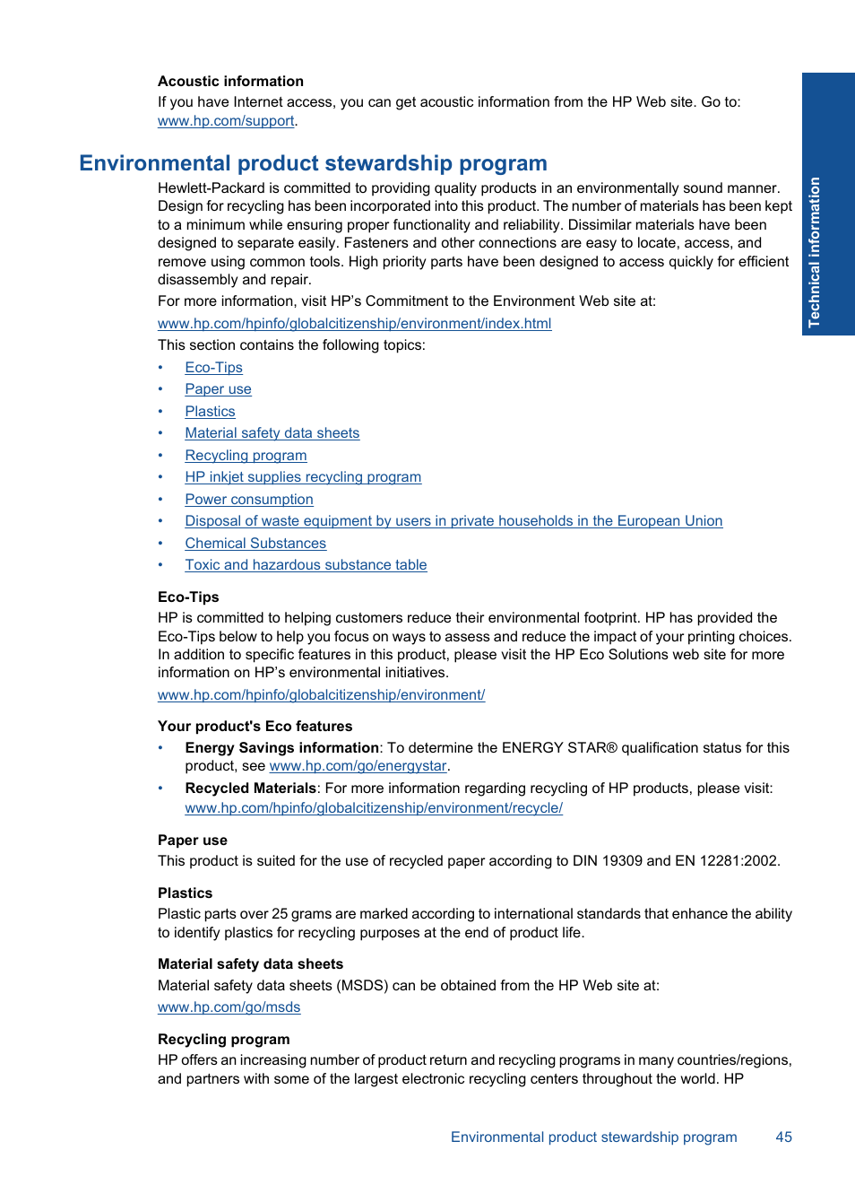 Environmental product stewardship program | HP Deskjet 3000 Printer - J310a User Manual | Page 47 / 58