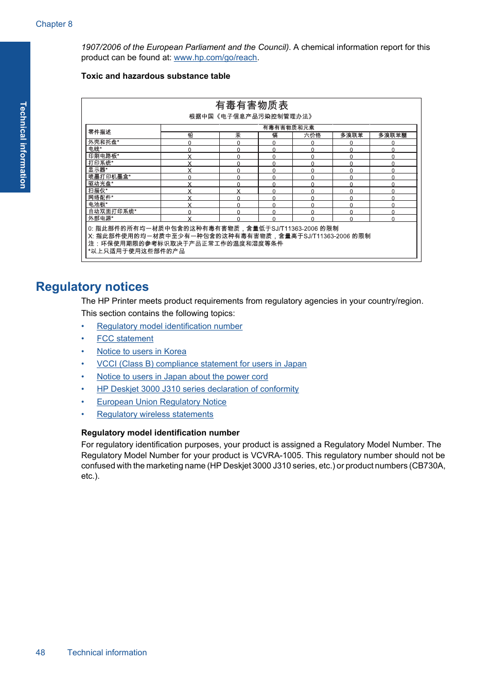 Regulatory notices, Toxic and hazardous substance table | HP Deskjet 3000 Printer - J310a User Manual | Page 50 / 58