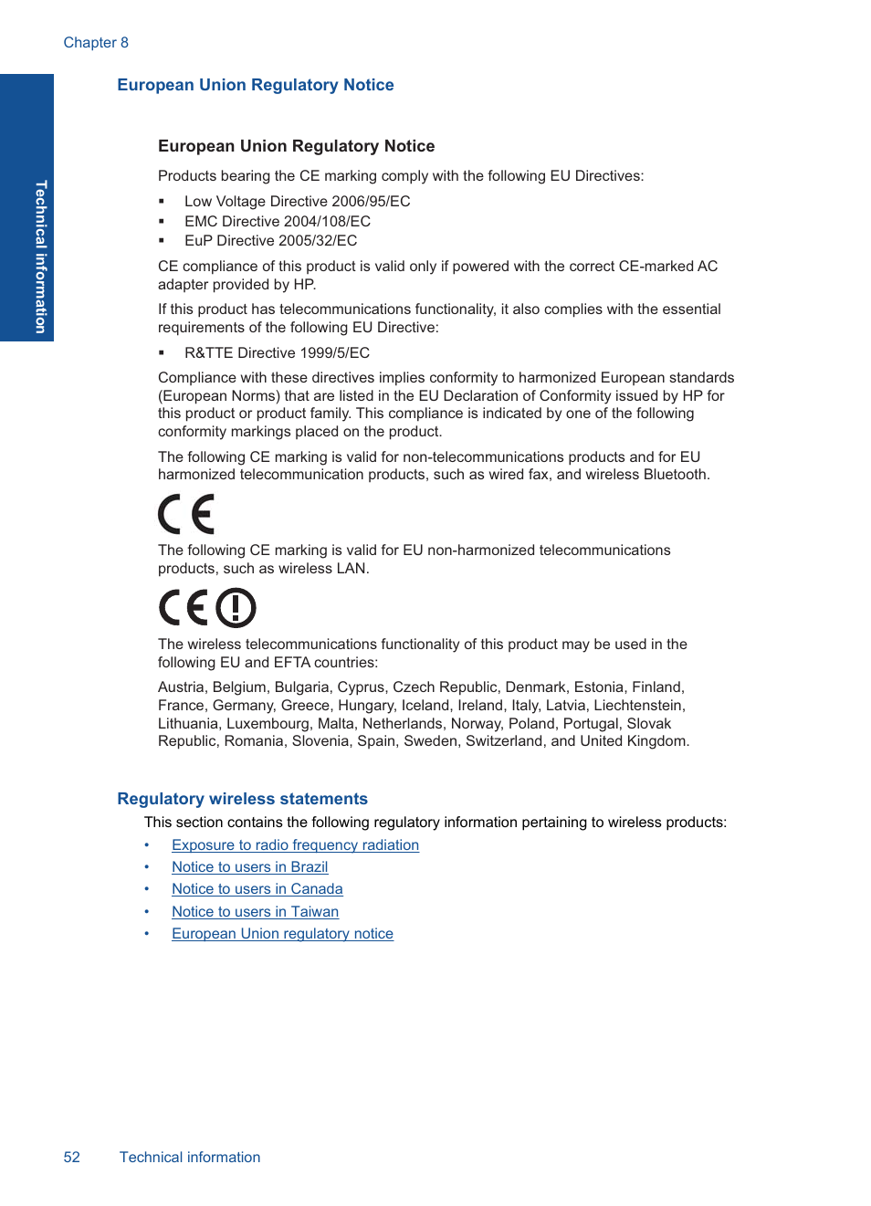 European union regulatory notice, Regulatory wireless statements | HP Deskjet 3000 Printer - J310a User Manual | Page 54 / 58