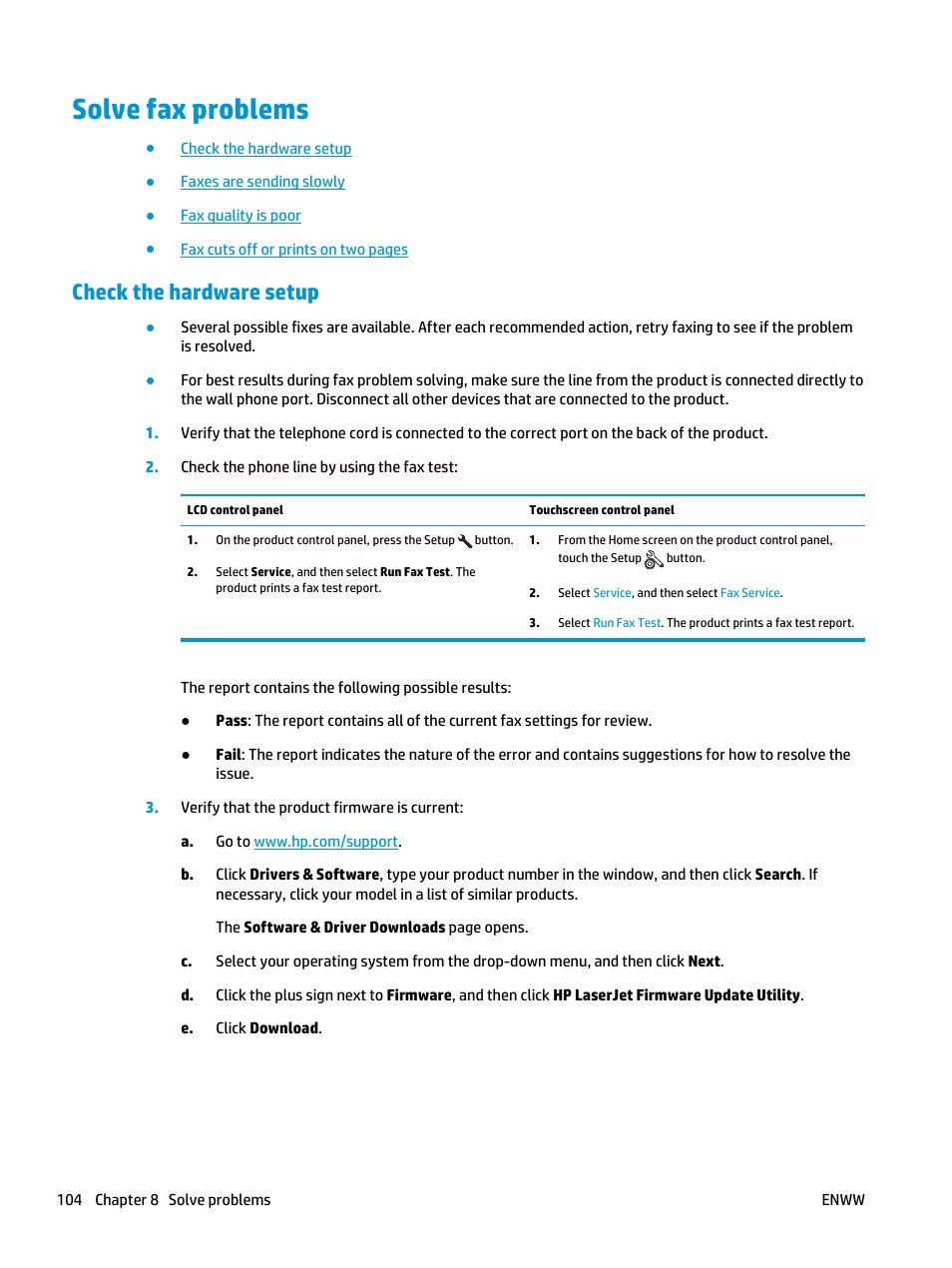 Solve fax problems, Check the hardware setup | HP LaserJet Pro MFP M127fw User Manual | Page 112 / 122