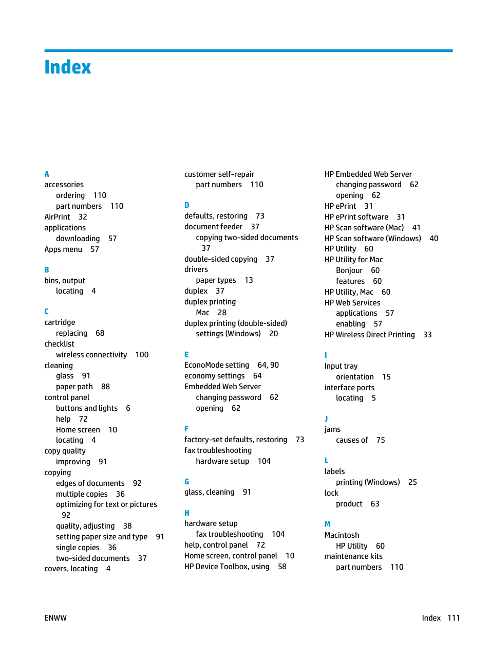 Index | HP LaserJet Pro MFP M127fw User Manual | Page 119 / 122