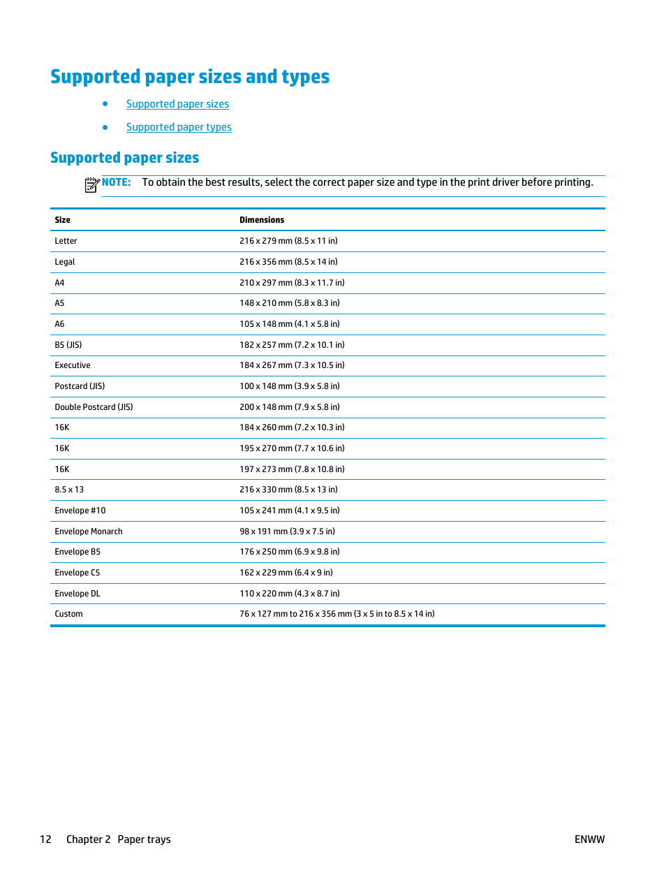 Supported paper sizes and types, Supported paper sizes | HP LaserJet Pro MFP M127fw User Manual | Page 20 / 122