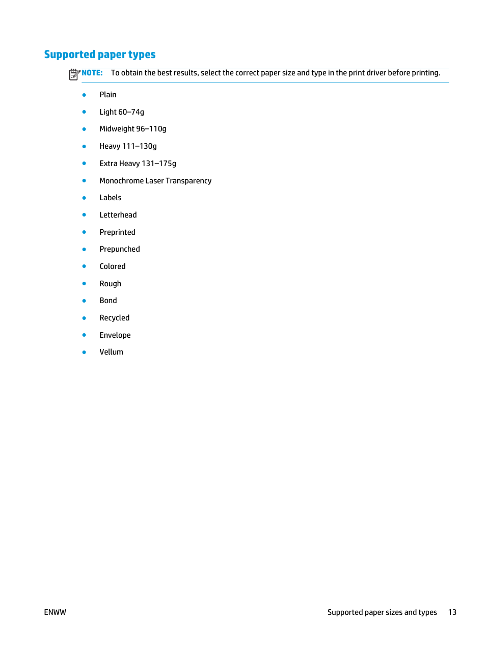 Supported paper types | HP LaserJet Pro MFP M127fw User Manual | Page 21 / 122