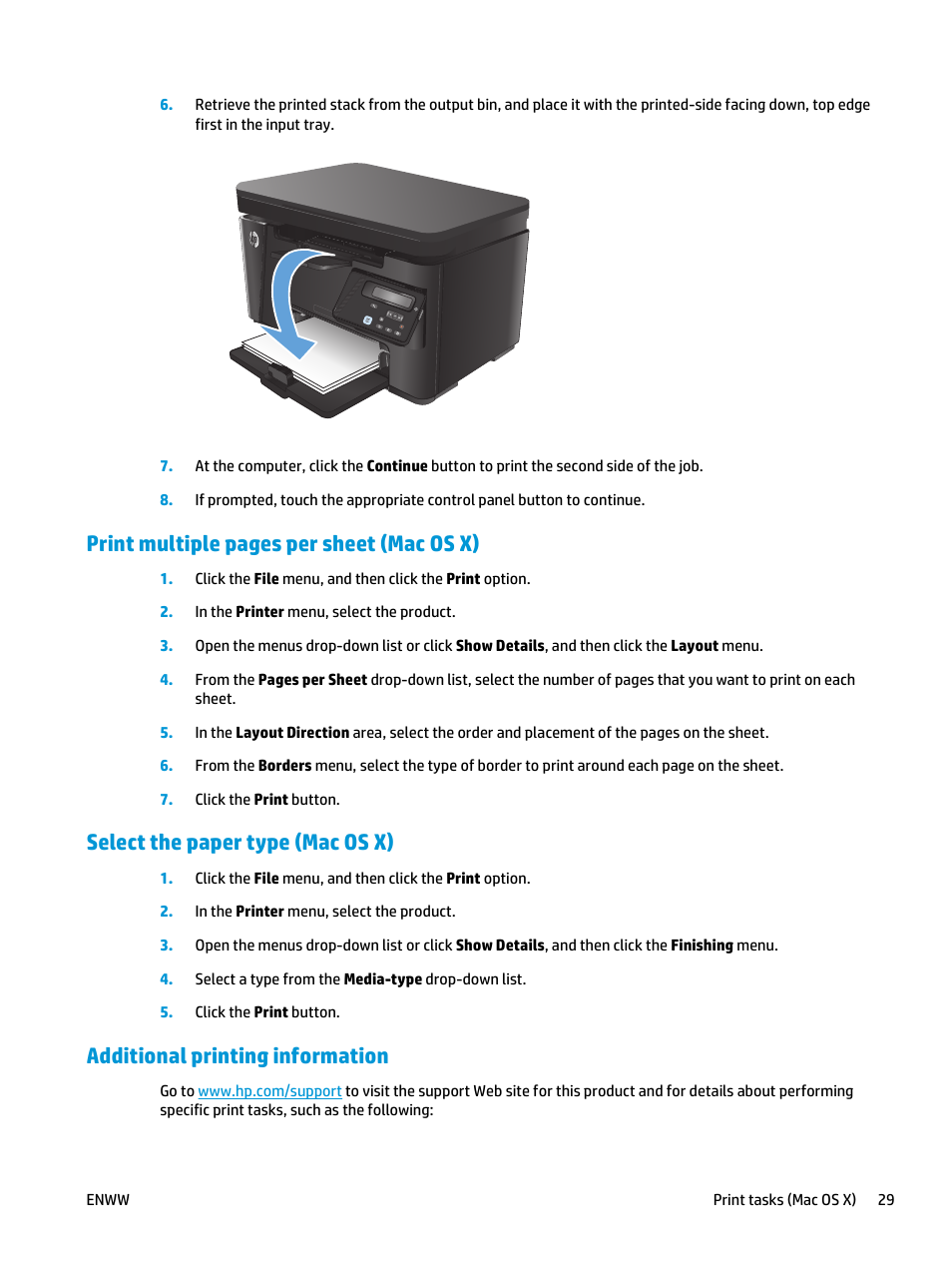 Select the paper type (mac os x), Additional printing information, Print multiple pages per sheet (mac os x) | HP LaserJet Pro MFP M127fw User Manual | Page 37 / 122