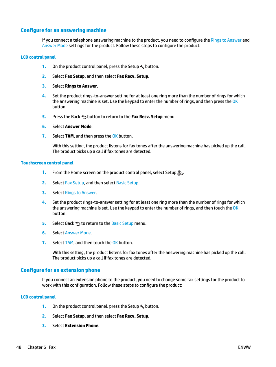 Configure for an answering machine, Configure for an extension phone | HP LaserJet Pro MFP M127fw User Manual | Page 56 / 122