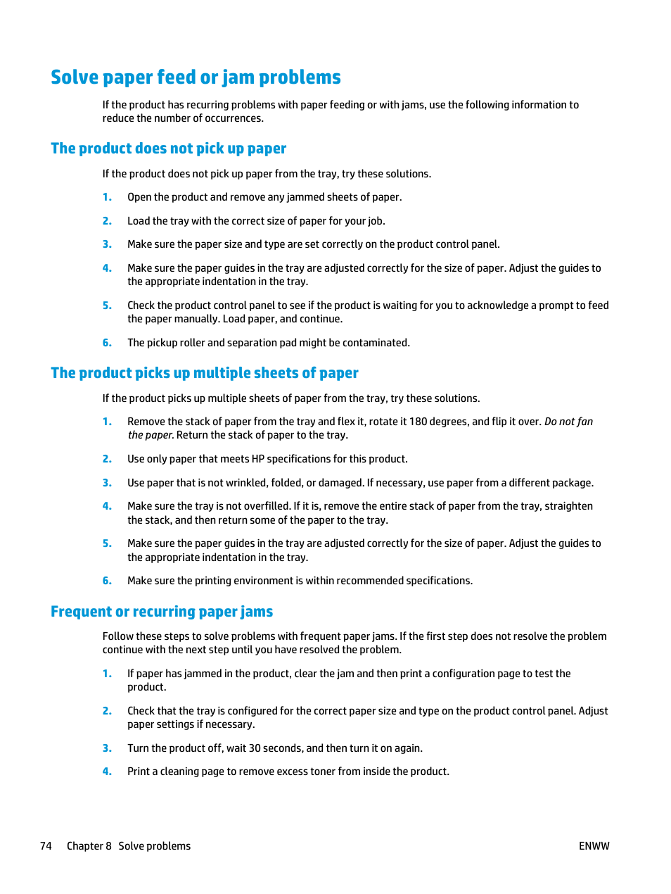 Solve paper feed or jam problems, The product does not pick up paper, The product picks up multiple sheets of paper | Frequent or recurring paper jams | HP LaserJet Pro MFP M127fw User Manual | Page 82 / 122