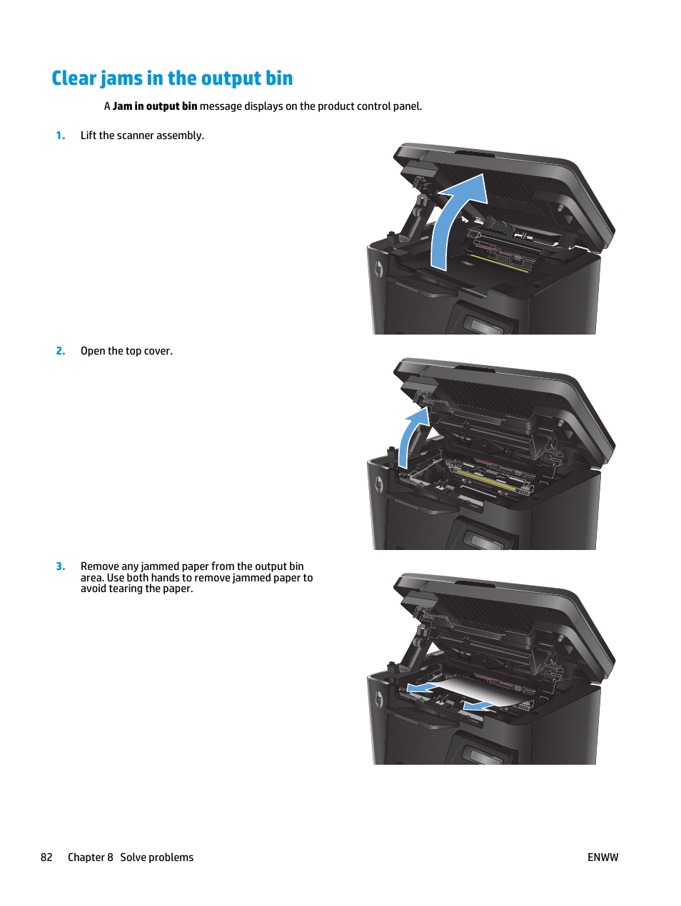 Clear jams in the output bin | HP LaserJet Pro MFP M127fw User Manual | Page 90 / 122