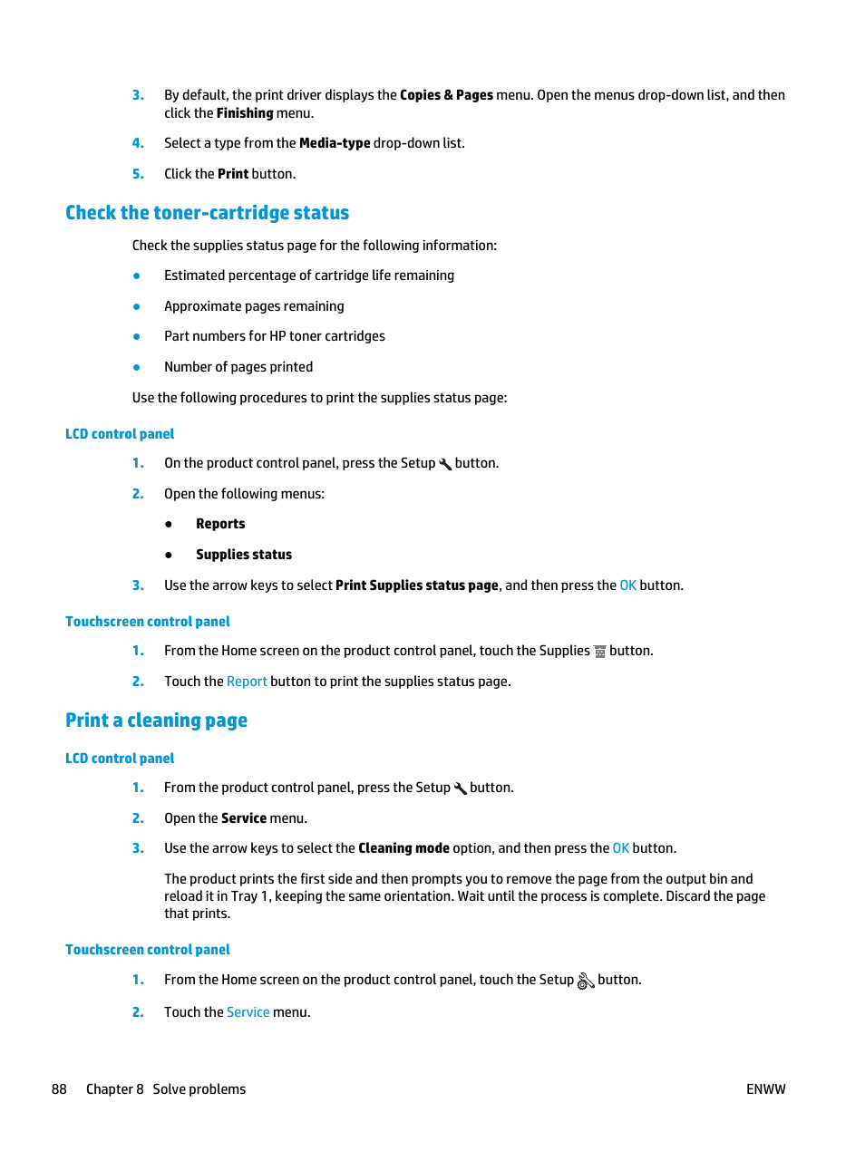 Check the toner-cartridge status, Print a cleaning page | HP LaserJet Pro MFP M127fw User Manual | Page 96 / 122