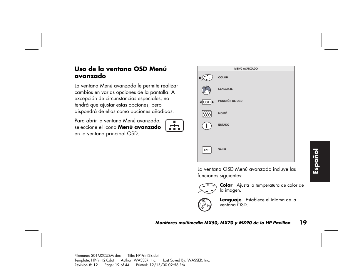 Espa ñ ol, Uso de la ventana osd menú avanzado | HP Pavilion mx90 19 inch Monitor User Manual | Page 107 / 128