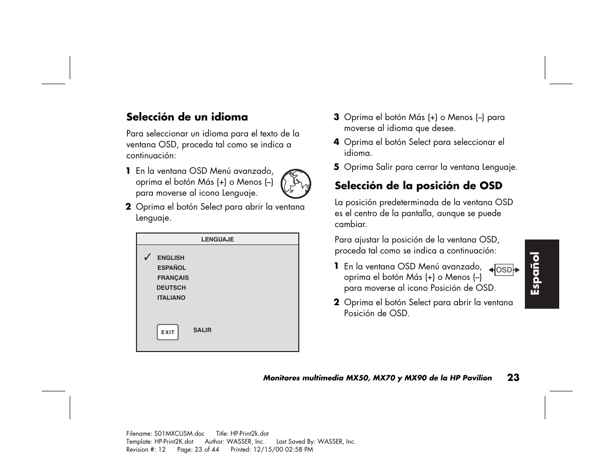 Espa ñ ol | HP Pavilion mx90 19 inch Monitor User Manual | Page 111 / 128