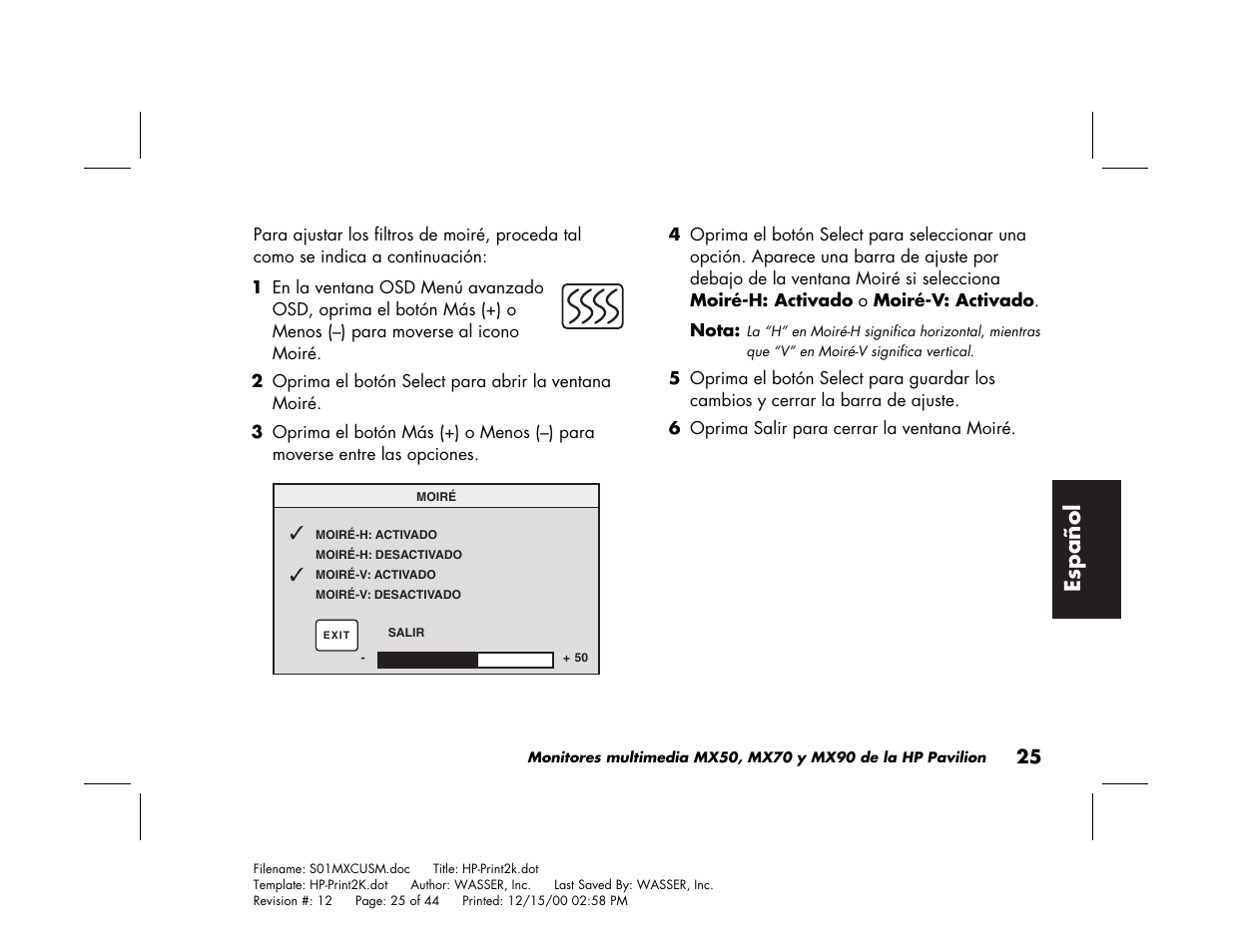 Espa ñ ol | HP Pavilion mx90 19 inch Monitor User Manual | Page 113 / 128