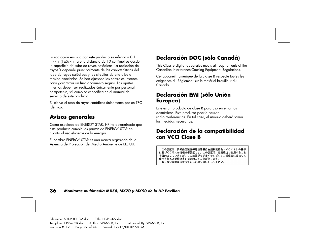 Avisos generales, Declaración doc (sólo canadá), Declaración emi (sólo unión europea) | Declaración de la compatibilidad con vcci clase b | HP Pavilion mx90 19 inch Monitor User Manual | Page 124 / 128