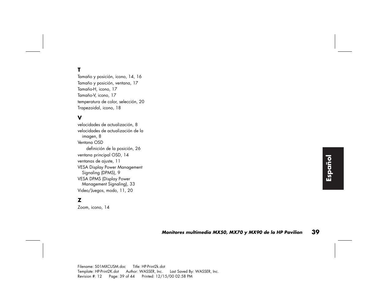 Espa ñ ol | HP Pavilion mx90 19 inch Monitor User Manual | Page 127 / 128