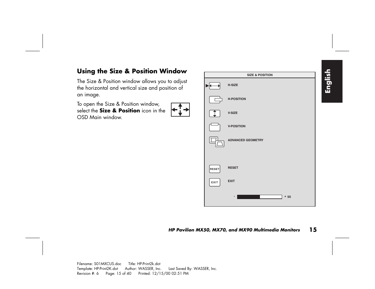 English, Using the size & position window | HP Pavilion mx90 19 inch Monitor User Manual | Page 19 / 128