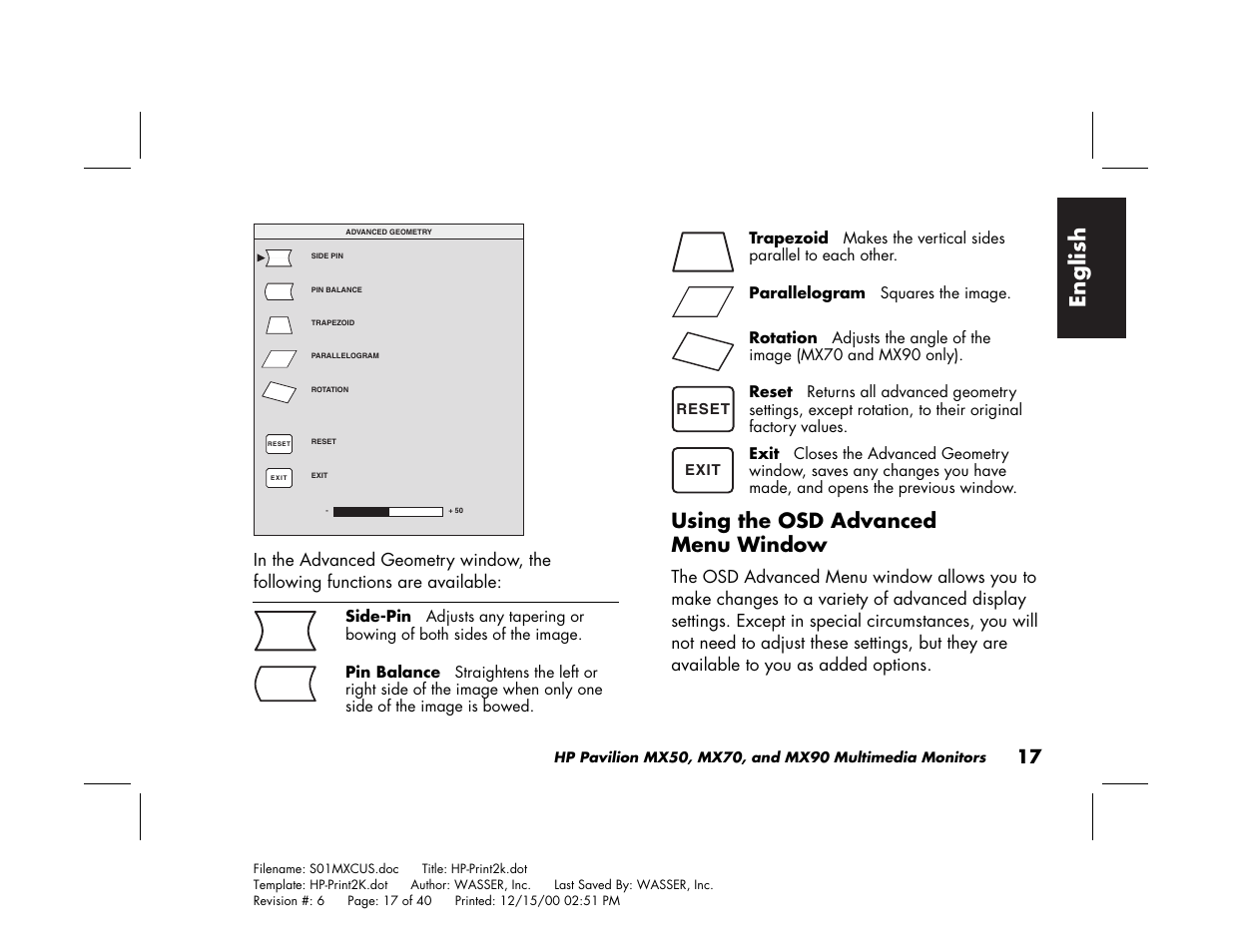 English, Using the osd advanced menu window | HP Pavilion mx90 19 inch Monitor User Manual | Page 21 / 128