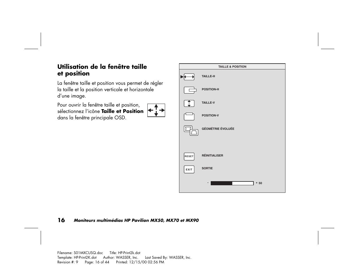 Utilisation de la fenêtre taille et position | HP Pavilion mx90 19 inch Monitor User Manual | Page 60 / 128