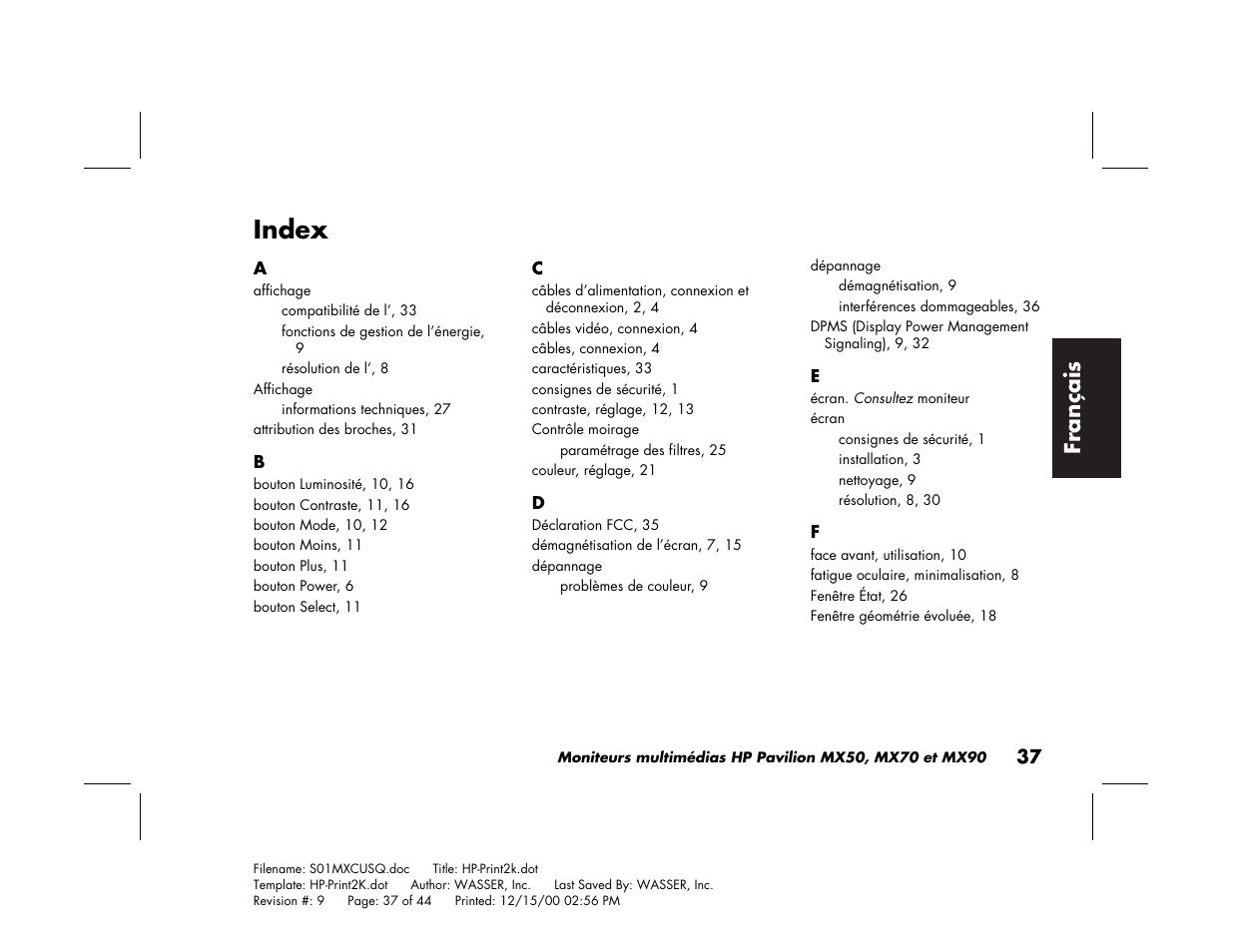 Index, Fran çais | HP Pavilion mx90 19 inch Monitor User Manual | Page 81 / 128