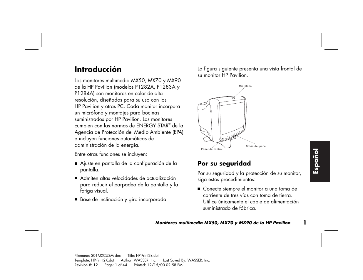 Introducción, Espa ñ ol | HP Pavilion mx90 19 inch Monitor User Manual | Page 89 / 128