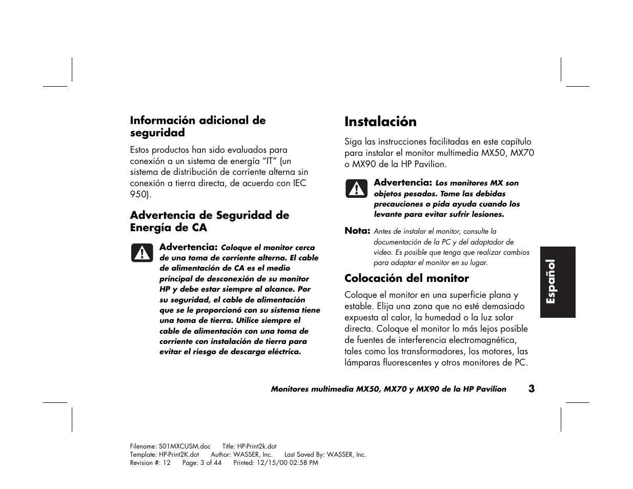 Instalación | HP Pavilion mx90 19 inch Monitor User Manual | Page 91 / 128