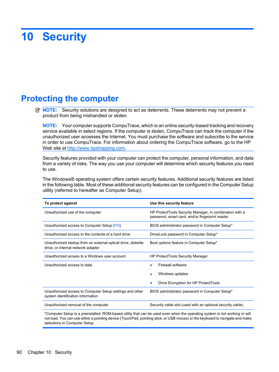Security, Protecting the computer, 10 security | HP ProBook 5220m Notebook PC User Manual | Page 102 / 147
