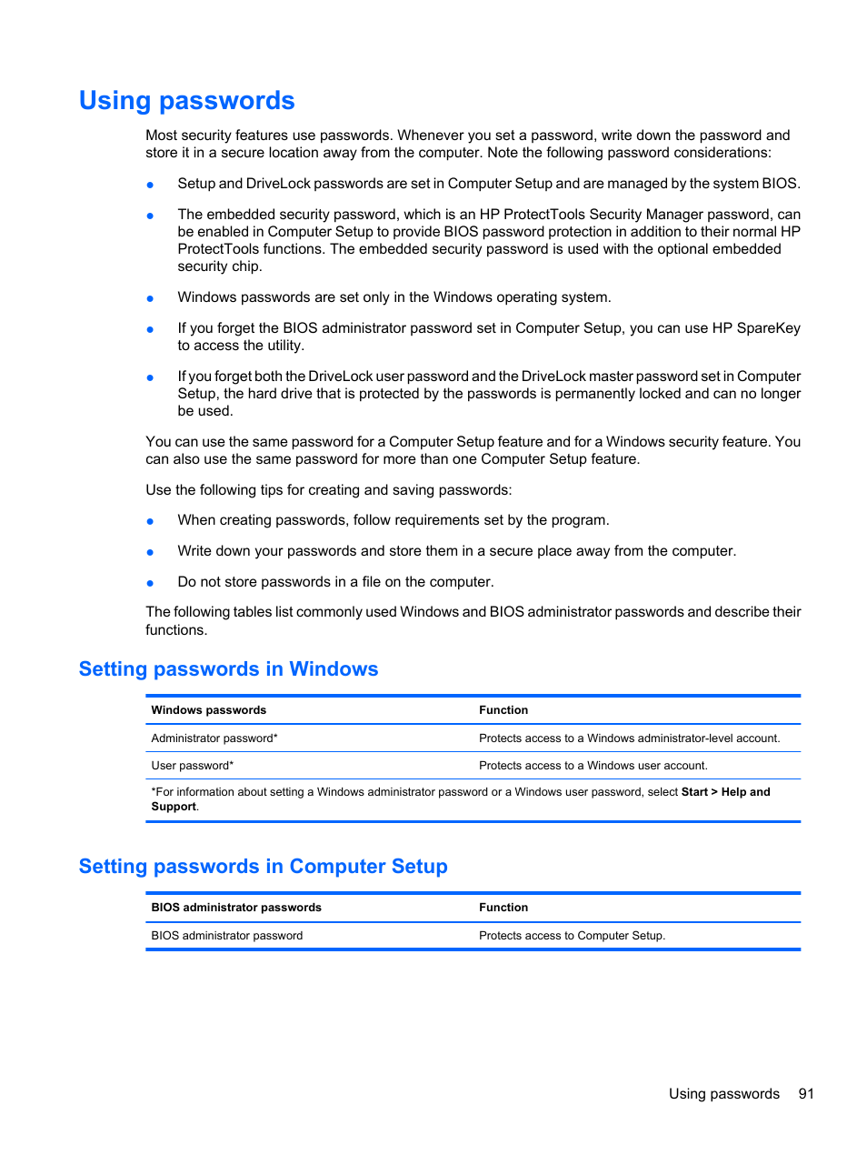 Using passwords, Setting passwords in windows, Setting passwords in computer setup | HP ProBook 5220m Notebook PC User Manual | Page 103 / 147