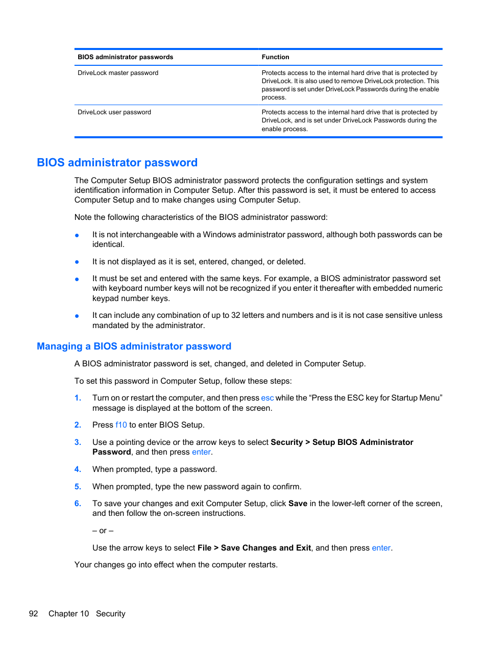 Bios administrator password, Managing a bios administrator password | HP ProBook 5220m Notebook PC User Manual | Page 104 / 147