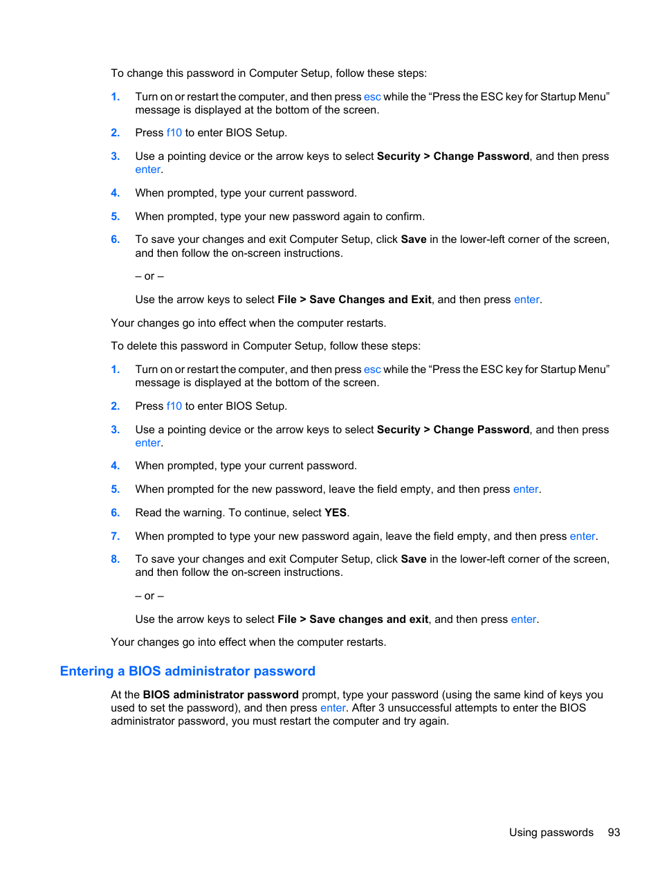 Entering a bios administrator password | HP ProBook 5220m Notebook PC User Manual | Page 105 / 147