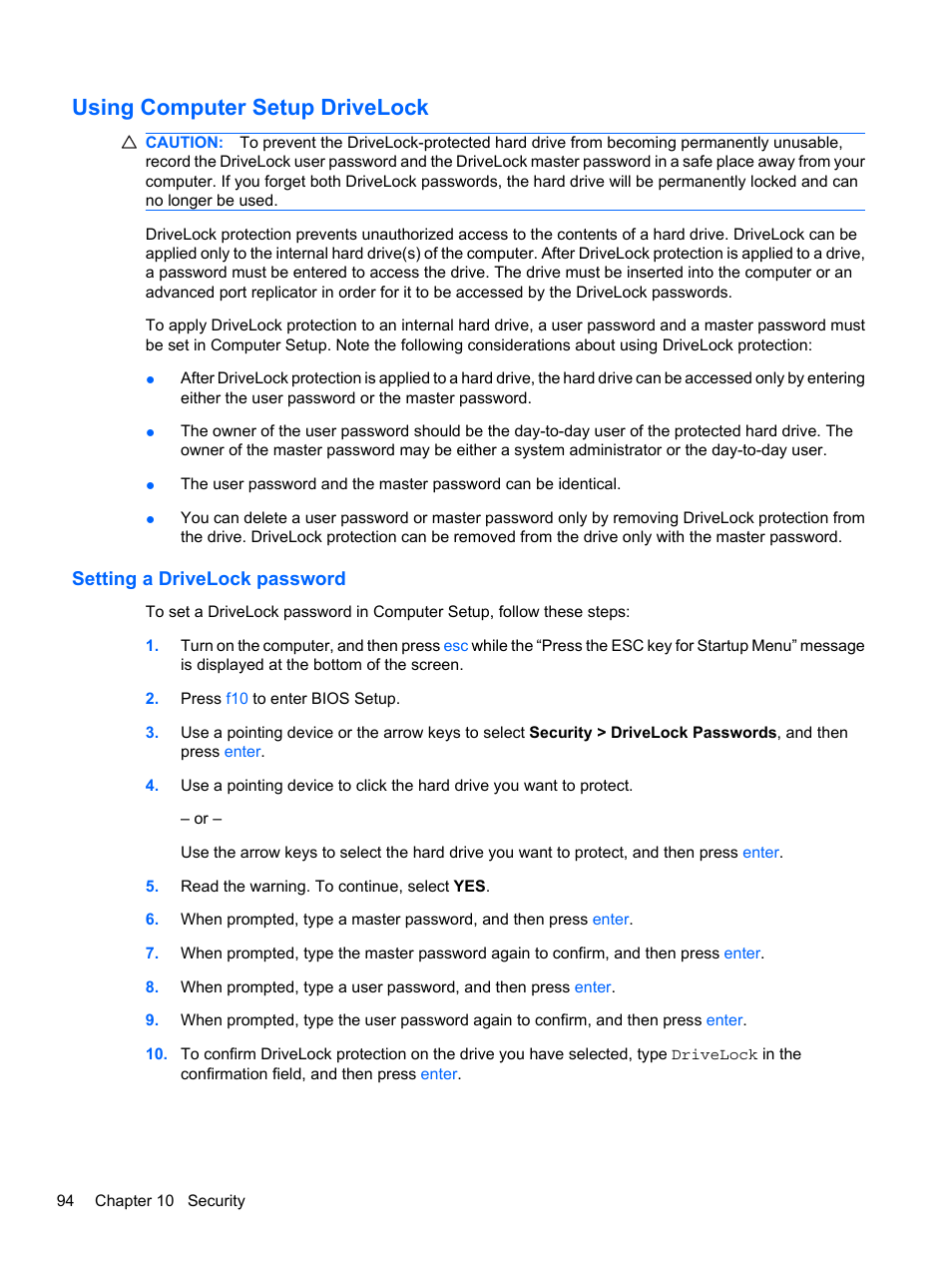 Using computer setup drivelock, Setting a drivelock password | HP ProBook 5220m Notebook PC User Manual | Page 106 / 147