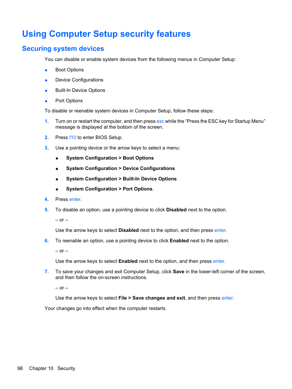 Using computer setup security features, Securing system devices | HP ProBook 5220m Notebook PC User Manual | Page 110 / 147