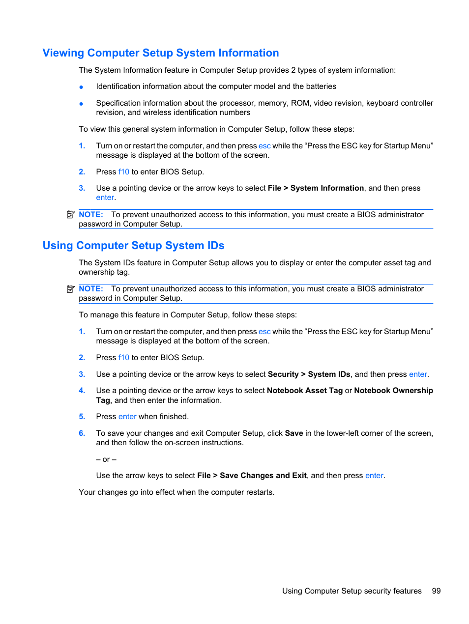 Viewing computer setup system information, Using computer setup system ids | HP ProBook 5220m Notebook PC User Manual | Page 111 / 147