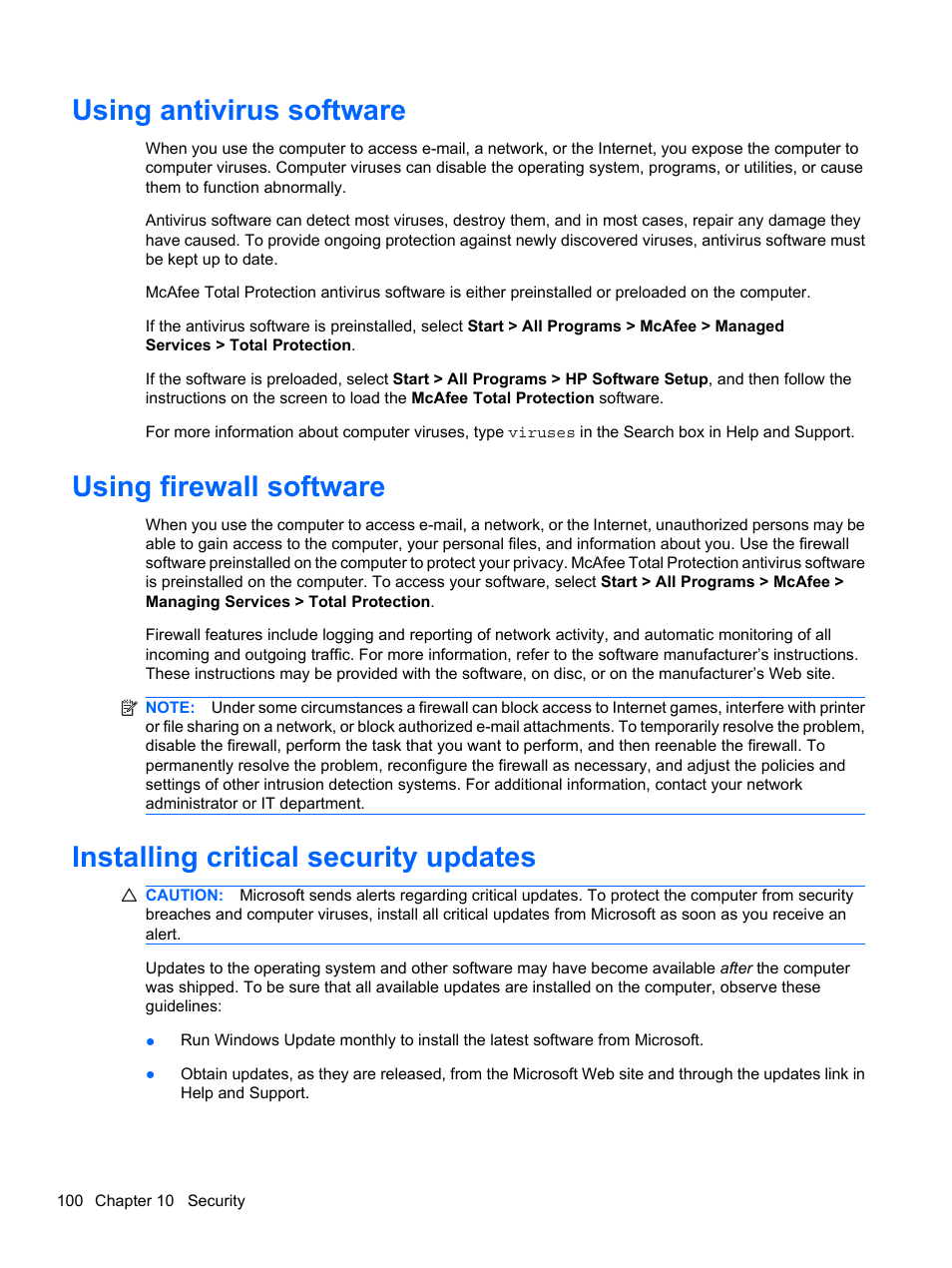Using antivirus software, Using firewall software, Installing critical security updates | HP ProBook 5220m Notebook PC User Manual | Page 112 / 147