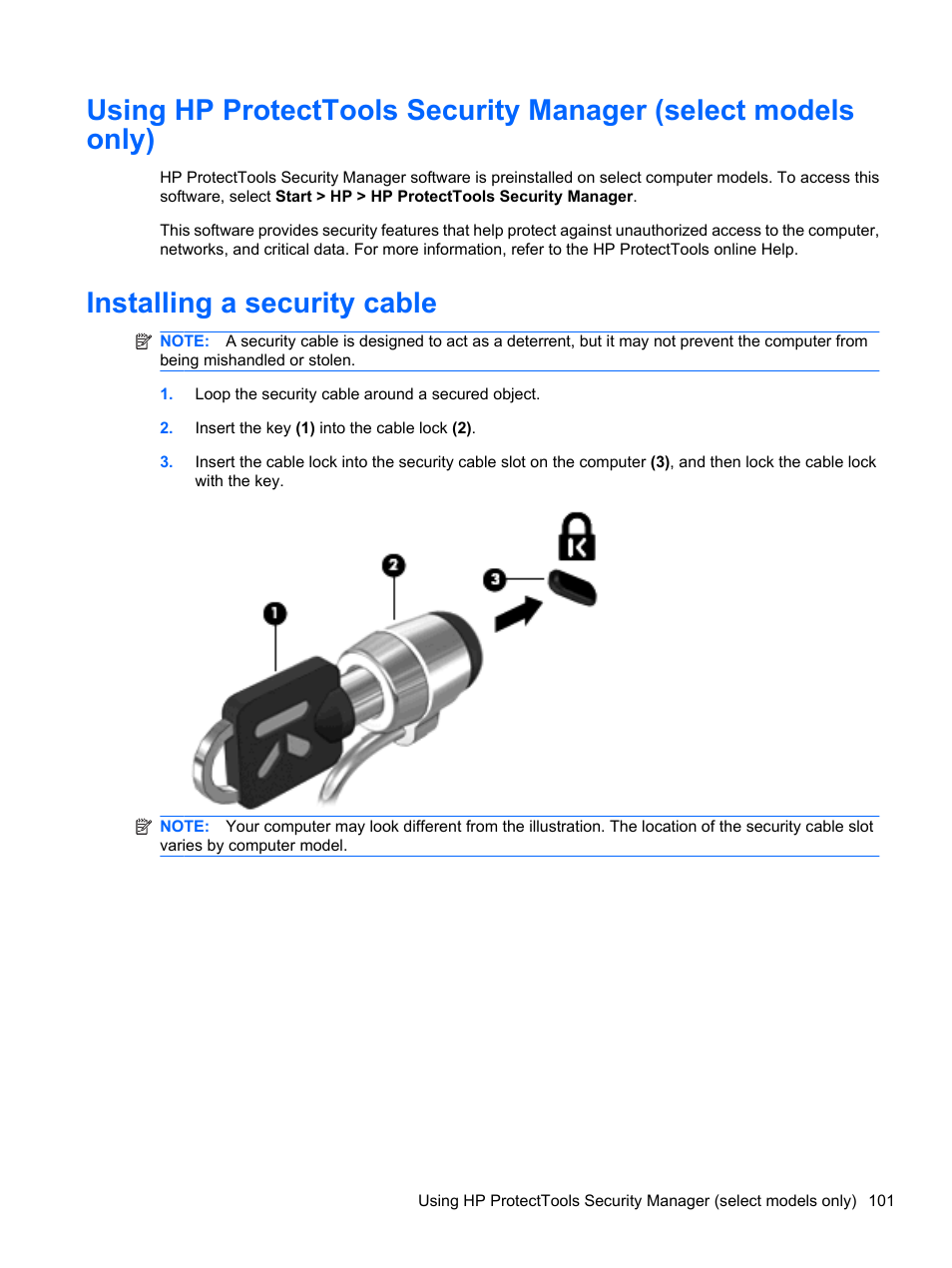 Installing a security cable | HP ProBook 5220m Notebook PC User Manual | Page 113 / 147