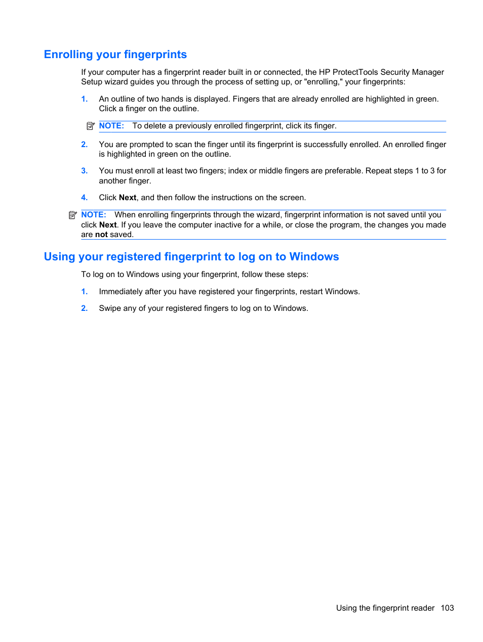 Enrolling your fingerprints | HP ProBook 5220m Notebook PC User Manual | Page 115 / 147