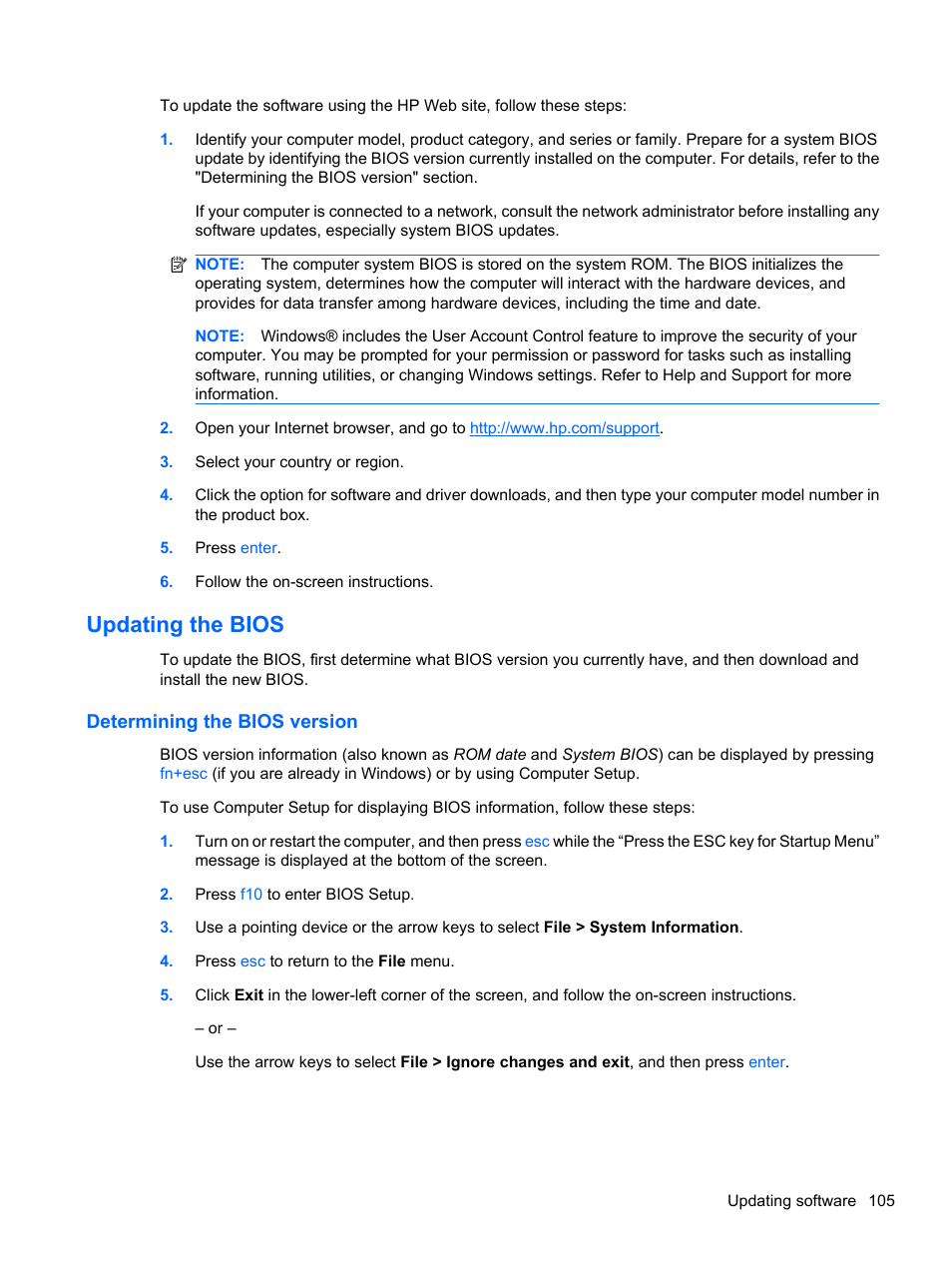 Updating the bios, Determining the bios version | HP ProBook 5220m Notebook PC User Manual | Page 117 / 147