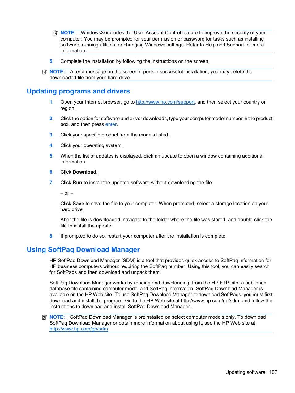 Updating programs and drivers, Using softpaq download manager | HP ProBook 5220m Notebook PC User Manual | Page 119 / 147