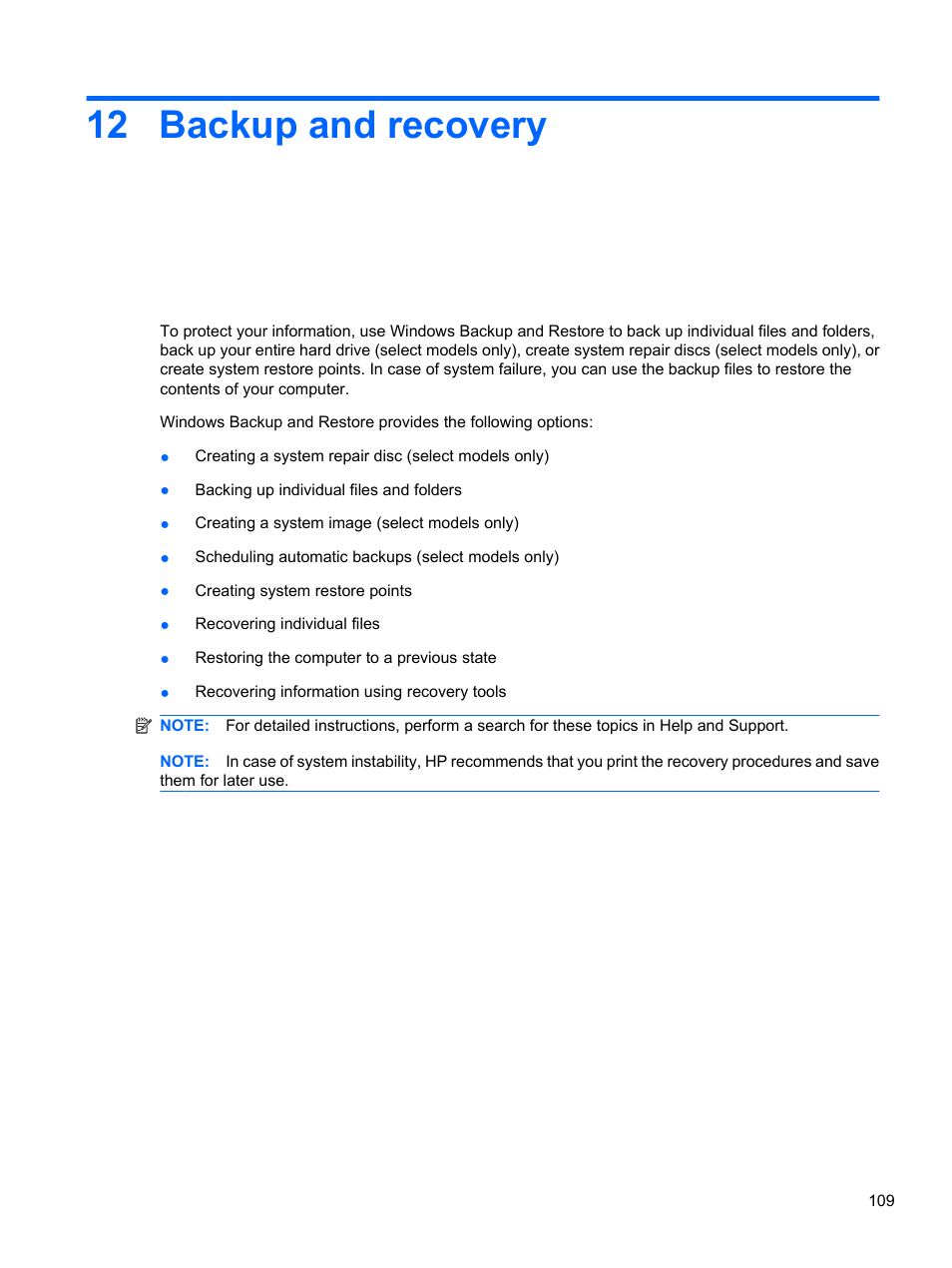 Backup and recovery, 12 backup and recovery | HP ProBook 5220m Notebook PC User Manual | Page 121 / 147