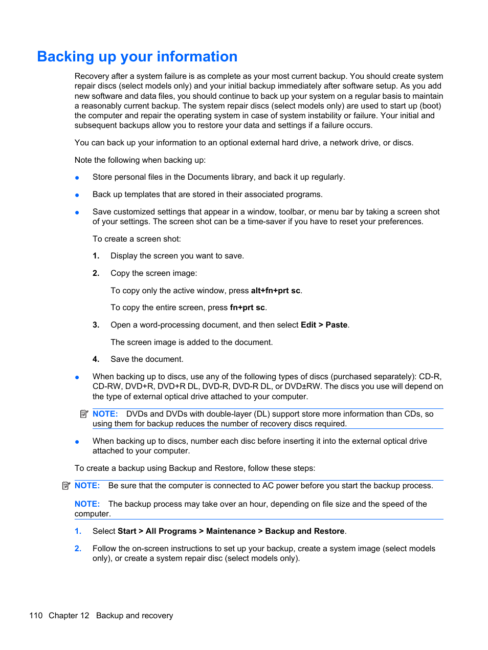 Backing up your information | HP ProBook 5220m Notebook PC User Manual | Page 122 / 147
