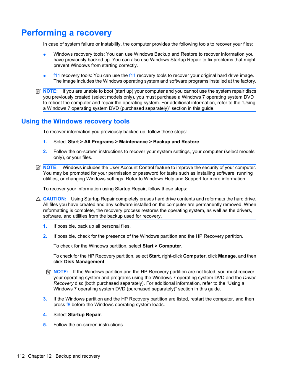 Performing a recovery, Using the windows recovery tools | HP ProBook 5220m Notebook PC User Manual | Page 124 / 147