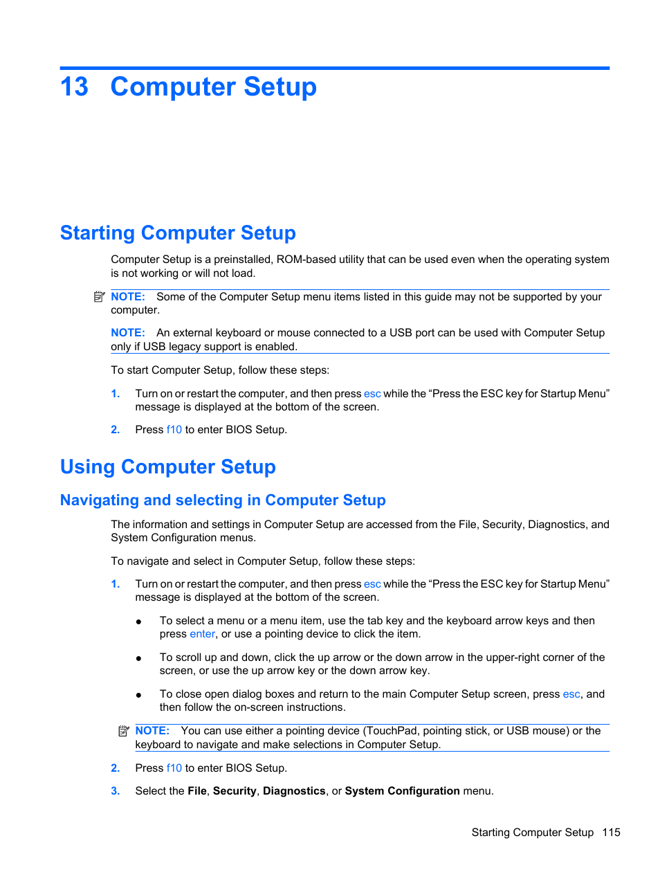 Computer setup, Starting computer setup, Using computer setup | Navigating and selecting in computer setup, 13 computer setup, Starting computer setup using computer setup | HP ProBook 5220m Notebook PC User Manual | Page 127 / 147