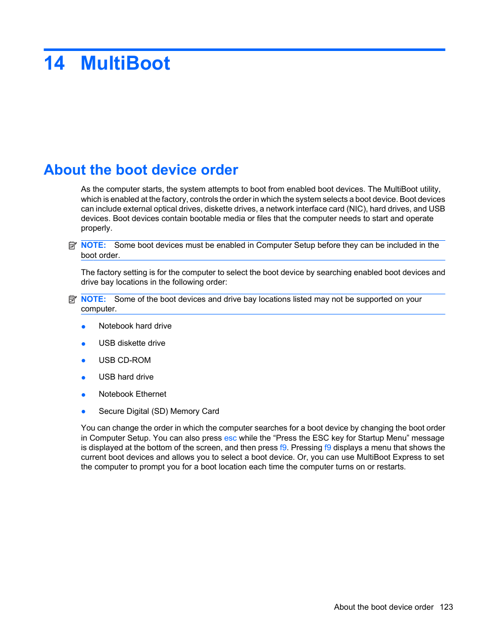 Multiboot, About the boot device order, 14 multiboot | HP ProBook 5220m Notebook PC User Manual | Page 135 / 147