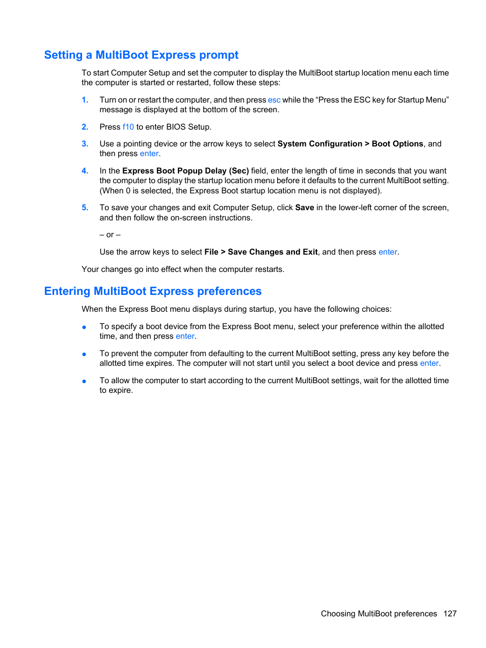 Setting a multiboot express prompt, Entering multiboot express preferences | HP ProBook 5220m Notebook PC User Manual | Page 139 / 147